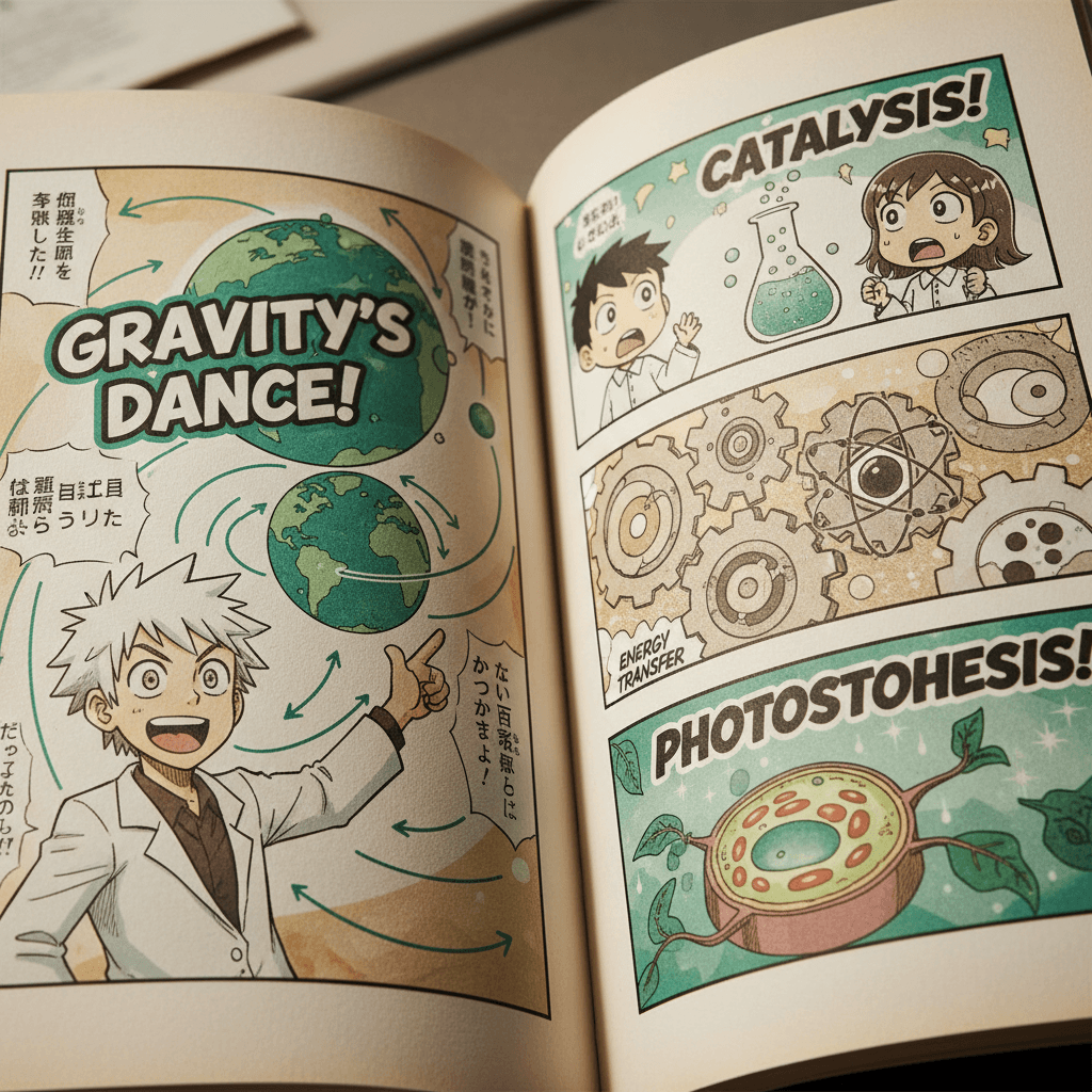 Detailed manga educational page with scientific illustrations