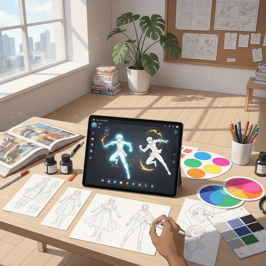 Creative workspace with anime project on tablet