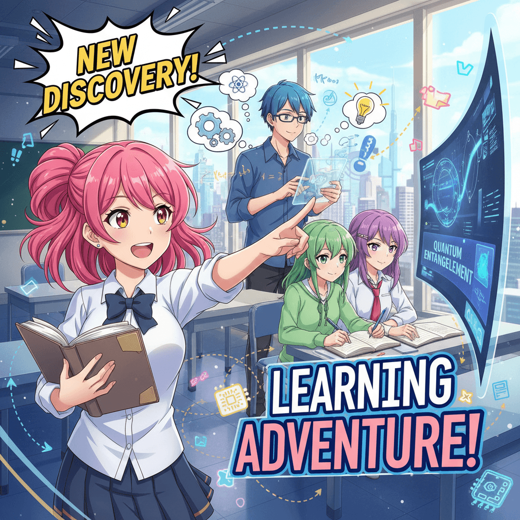 Multi-character anime scene demonstrating educational interaction