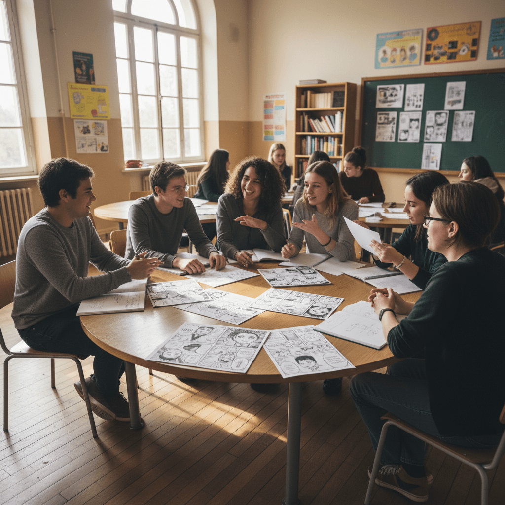 Students discussing and retaining manga-based lessons