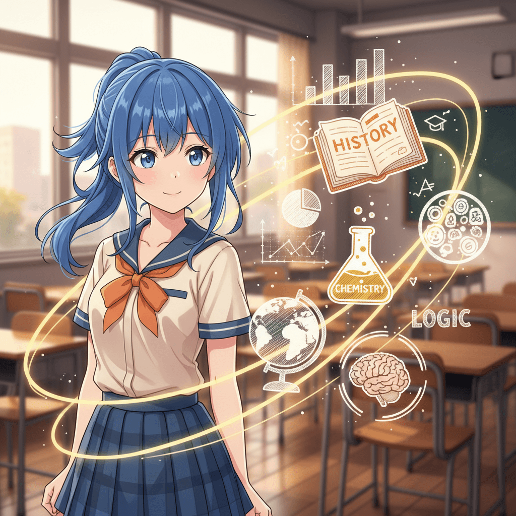 Anime student character with educational data visualization