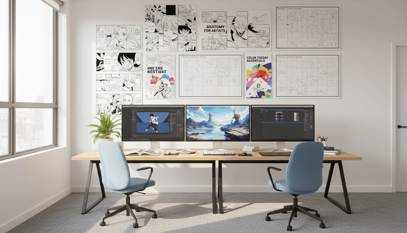 Hikari studio workspace with manga panels and digital animation projects