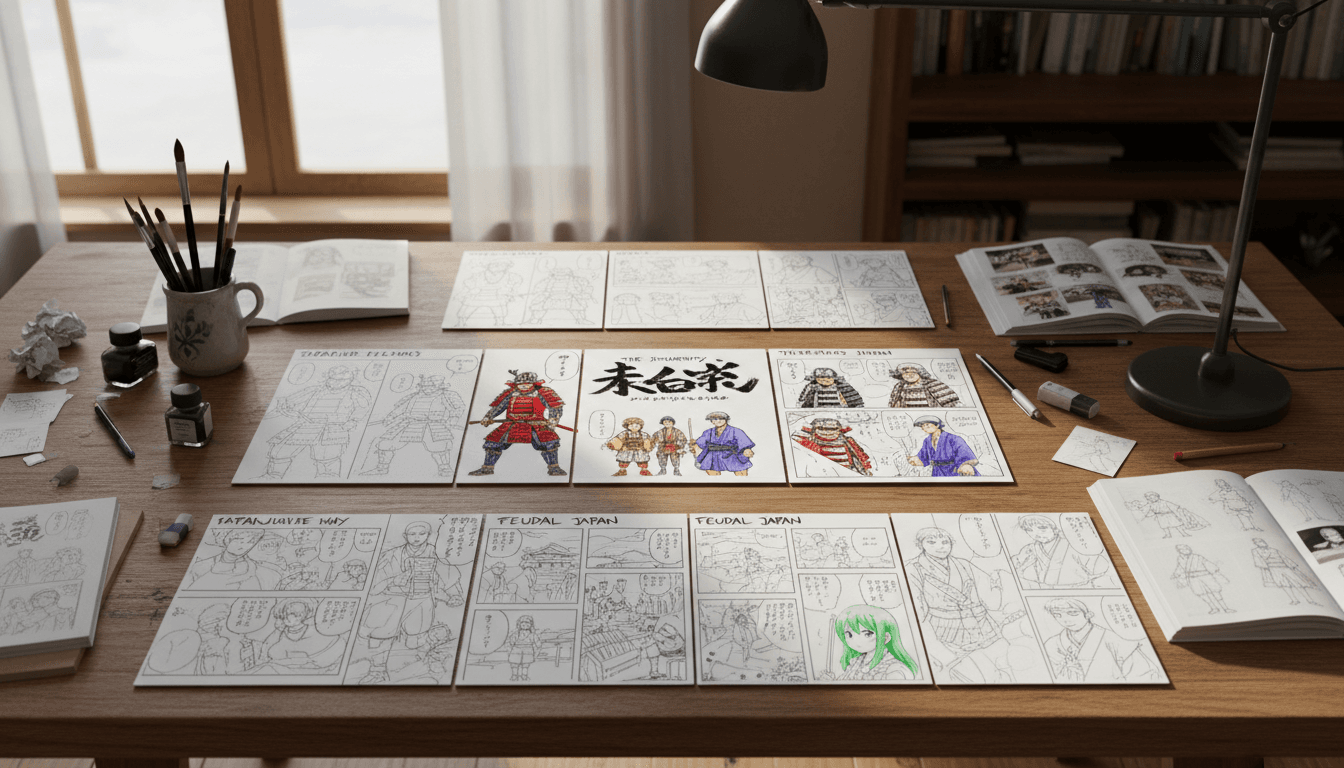 Educational manga storyboard panels in development