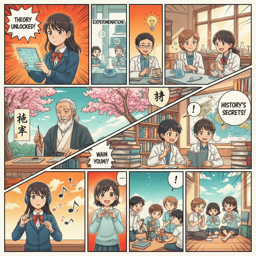 Multi-character educational narrative in manga style