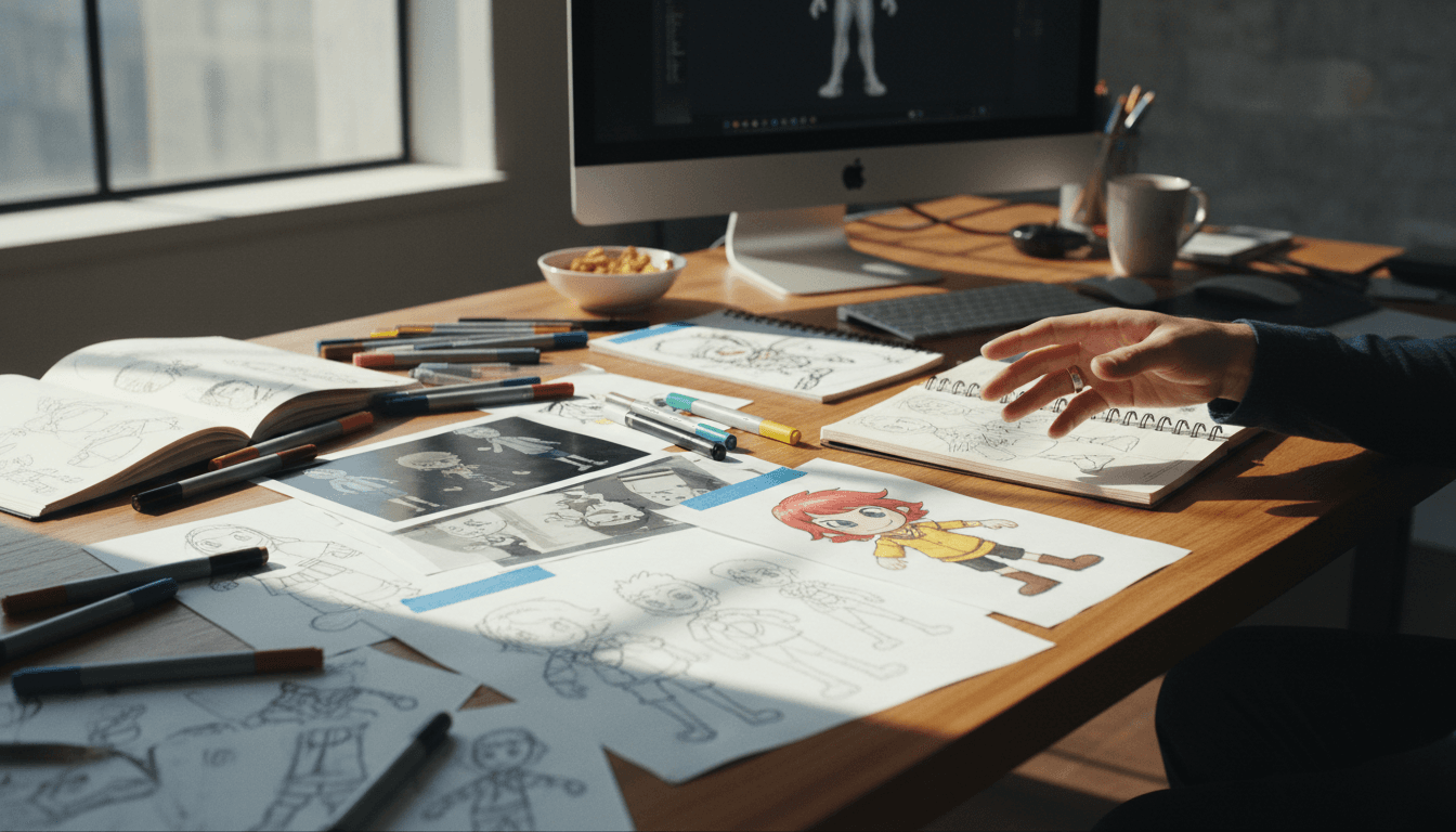 Creative workspace with manga sketches, character designs, and animation materials