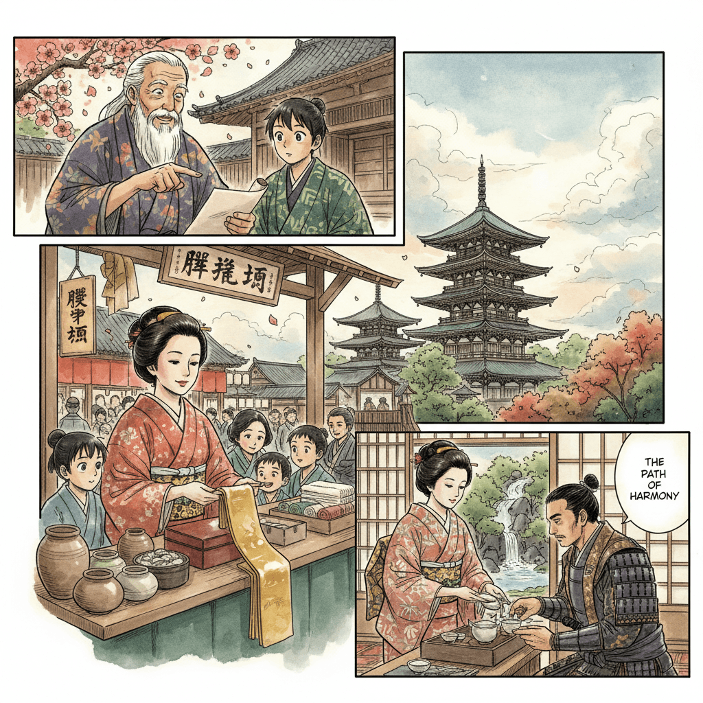 Manga narrative scene with historical cultural storytelling