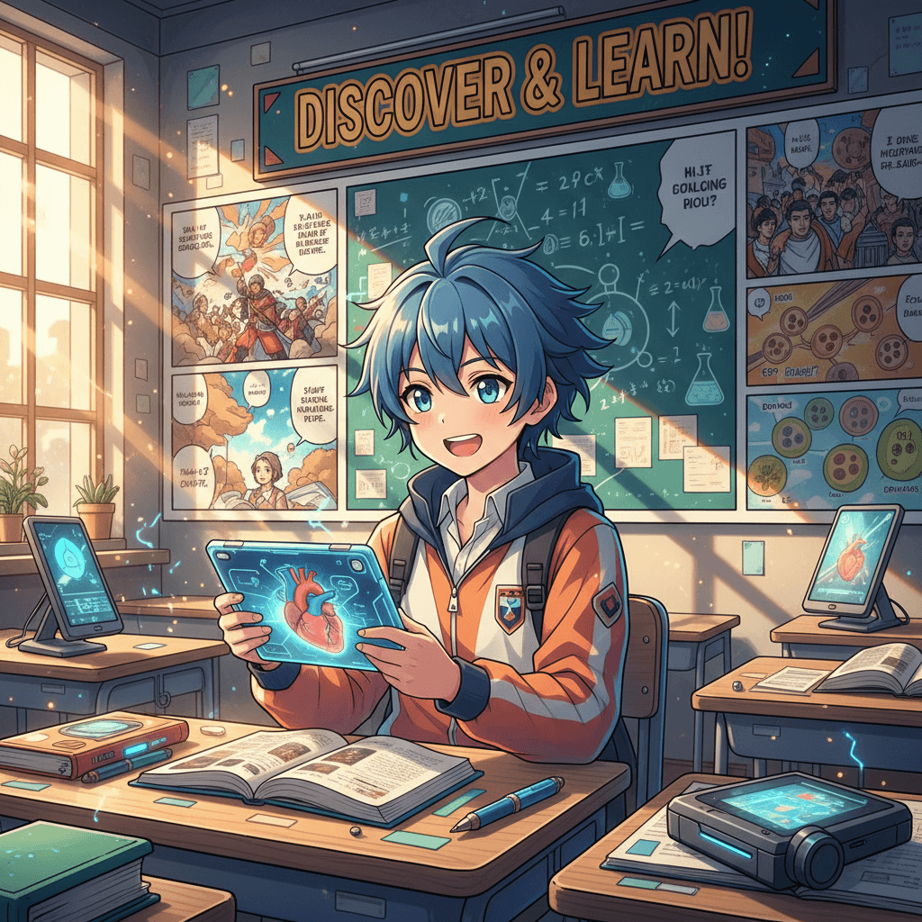 Anime-style character learning with manga educational content