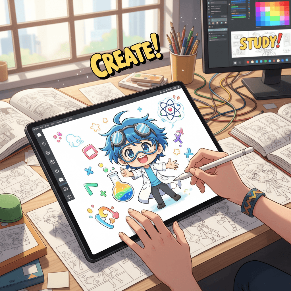 Anime artist creating educational character design on tablet