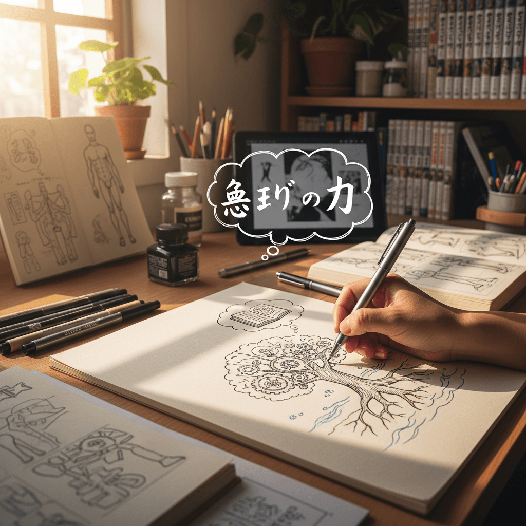 Artist's hand creating educational manga illustrations