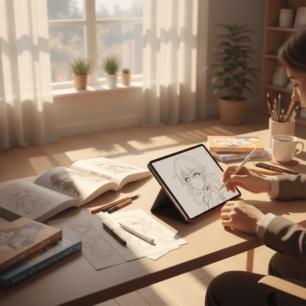 Hikari designer creating anime character sketches on tablet