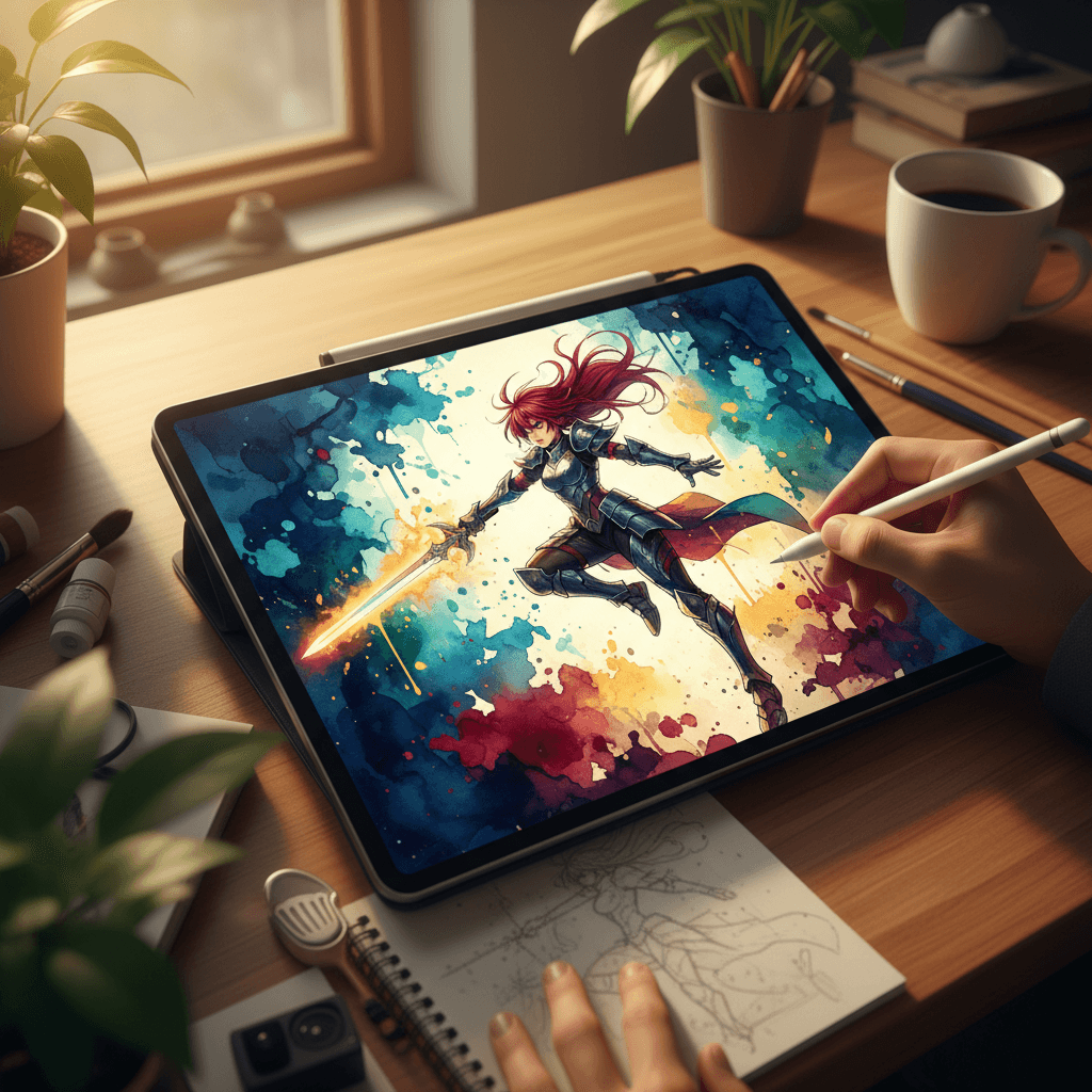 Anime-style educational content displayed on a digital tablet with vibrant manga art